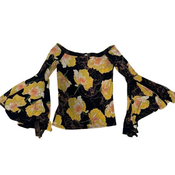 We The Free Tops - We The Free Floral Off Shoulder Bell Sleeve Top Black Yellow Boho Size S